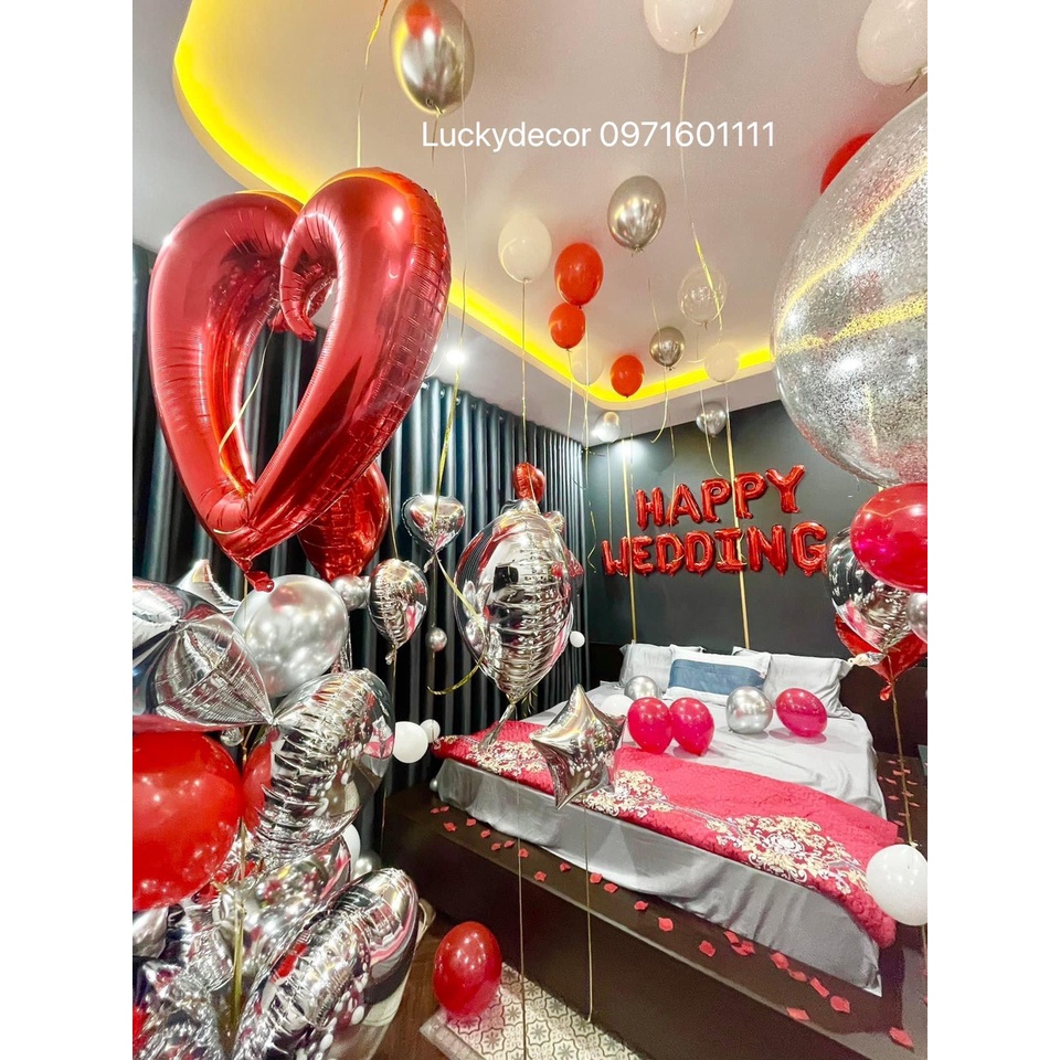 (Tặng 1 Gói Cánh Hoa Màu Đỏ) Set bóng bay trang trí phòng cưới đủ phụ kiện - Bóng Chữ Happy Wedding PC99