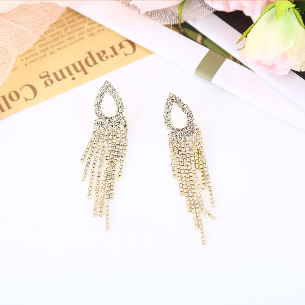 Bông Tai Mạ Bạc 925 Hình Giọt Nước Dáng Dài Đính Kim Cương Giả Thời Trang