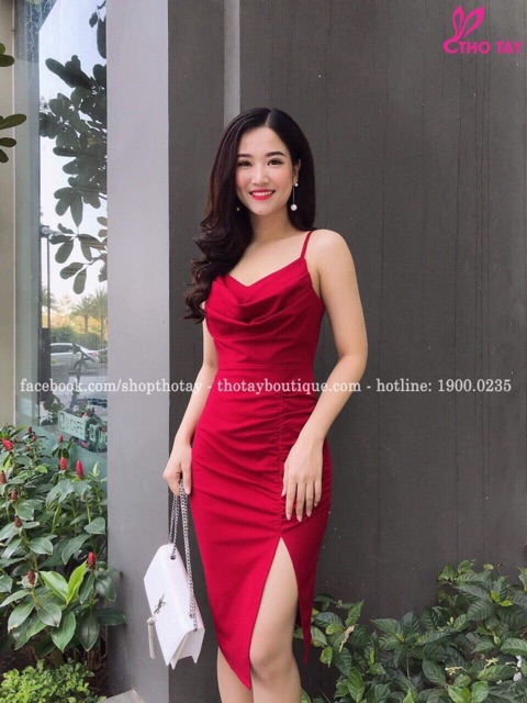 Đầm ôm 2 dây cổ đỗ xẻ tà sang chảnh | BigBuy360 - bigbuy360.vn