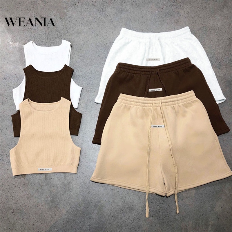 Set Áo Croptop Cotton + Quần Short Lưng Cao Rút Dây Cho Nữ