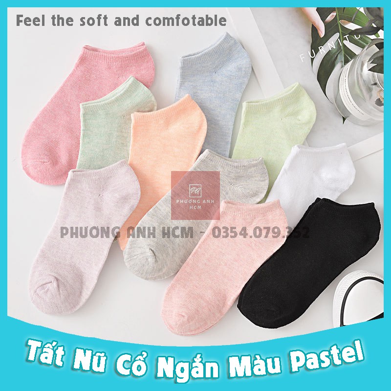 Set 10 Đôi Tất Vớ Nữ Ulzzang Cotton Trơn Cổ Ngắn, Cổ Thấp Màu Pastel Siêu Mềm Mại