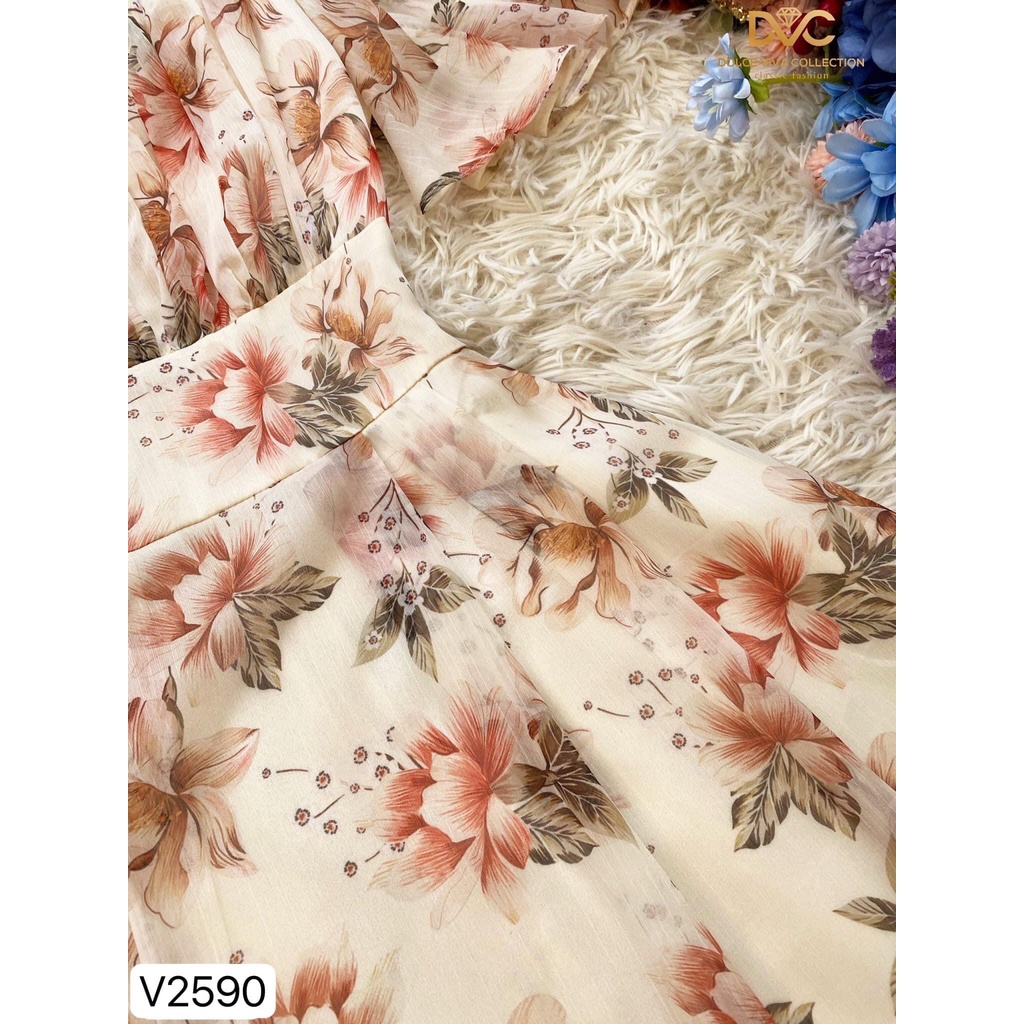 V2590 &amp; VC4 Set váy đôi voan hoa mẹ và bé cổ vuông suông dài - Dolce viva colection (DVC&amp;ACC)