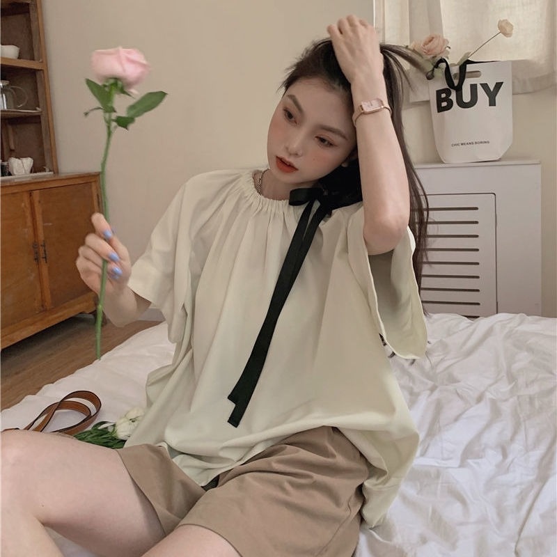 Áo Sơ Mi Tay Ngắn Dáng Rộng Phối Dây Buộc Kiểu Pháp Thời Trang Mùa Hè Xinh Xắn Cho Nữ