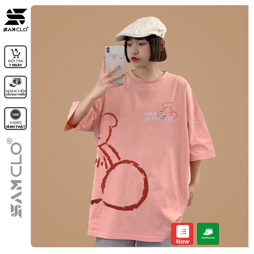Áo thun tay lỡ nữ SAM CLO freesize phông form rộng dáng Unisex - mặc cặp, nhóm, lớp in hình GẤU dual match