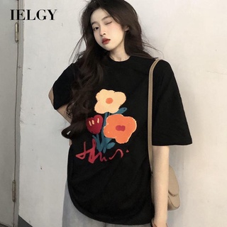 Áo thun IELGY tay ngắn dáng rộng màu đen in họa tiết graffiti cổ điển thời trang cho nữ