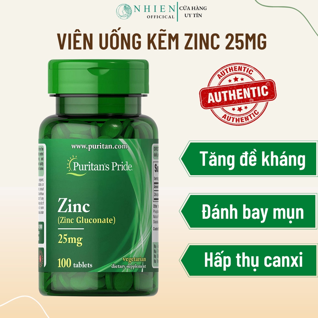 Viên uống kẽm Zinc 25mg Puritan tăng đề kháng, giảm mụn 100 viên
