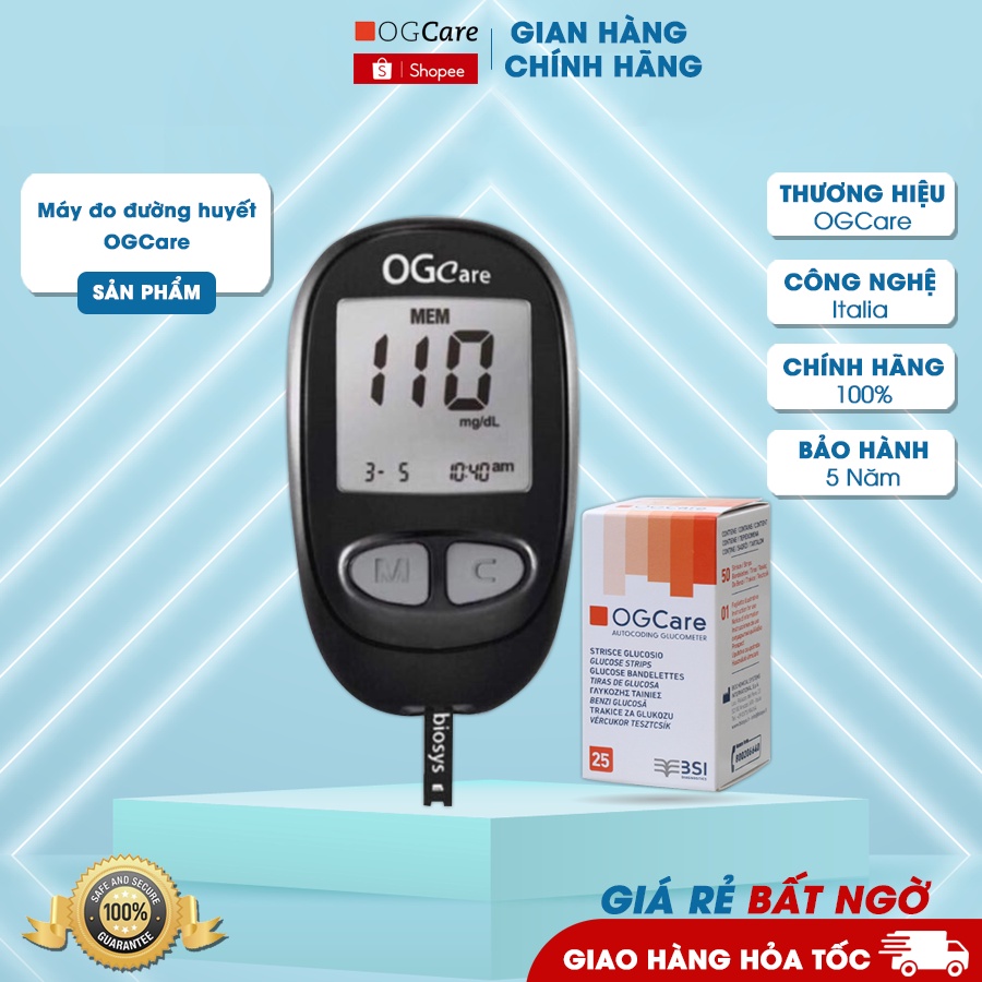 MÁY ĐO ĐƯỜNG HUYẾT OG CARE CHÍNH HÃNG TỪ ITALIA (Ý) | TẶNG KÈM 25 QUE THỬ