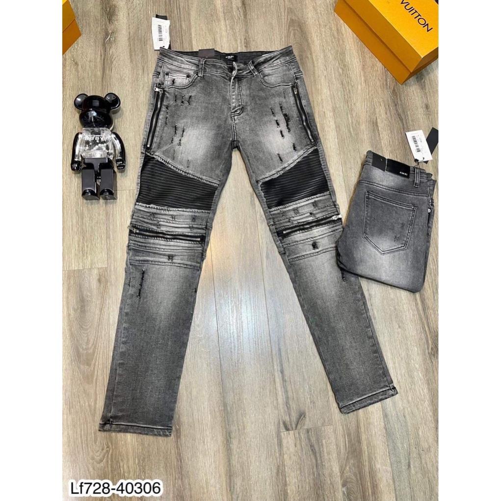 Quần bò AMIRI - Quần Jean AMIRI khóa gối phối da nhăn cao cấp - Quần Jean dáng dài ống bo siêu đẹp 4MEN SHOP