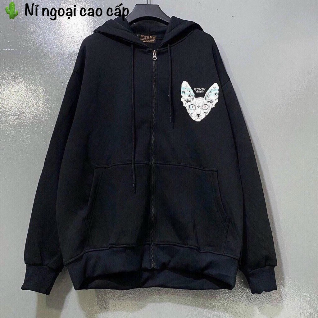 Áo hoodie unisex form rộng chất vải nỉ ngoại dây kéo mèo méo meo ngầu cực chất thời trang học đường