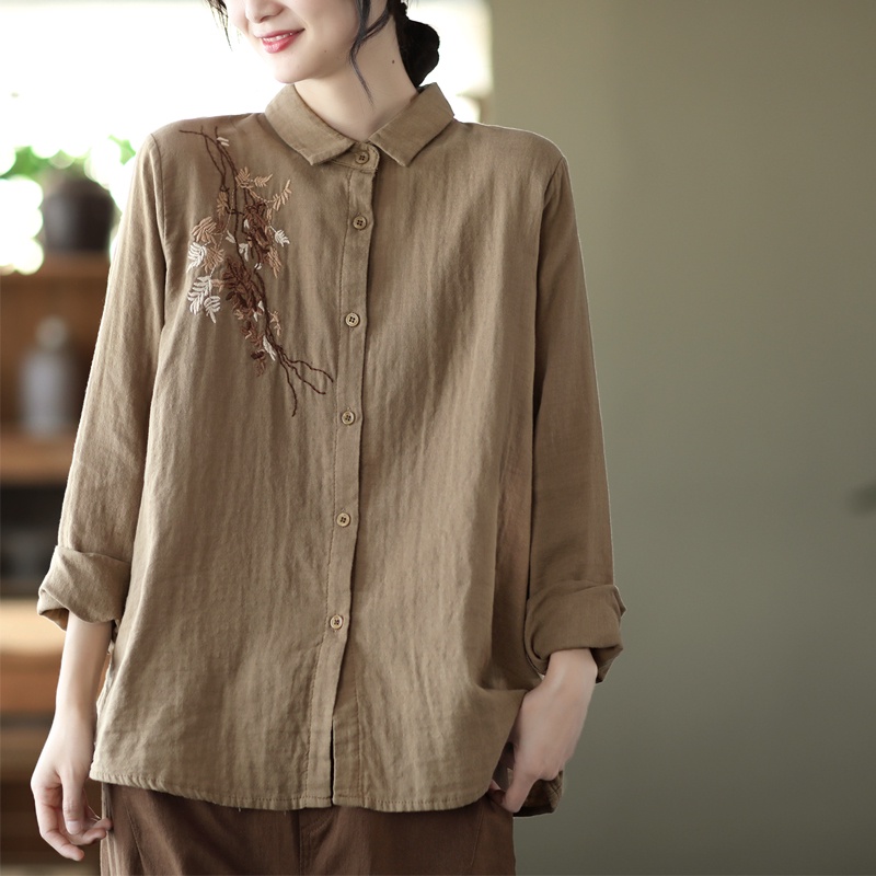 ☻ L O T U S ☻ Áo Sơ Mi Tay Dài Thêu Họa Tiết Plus Size CAL1643