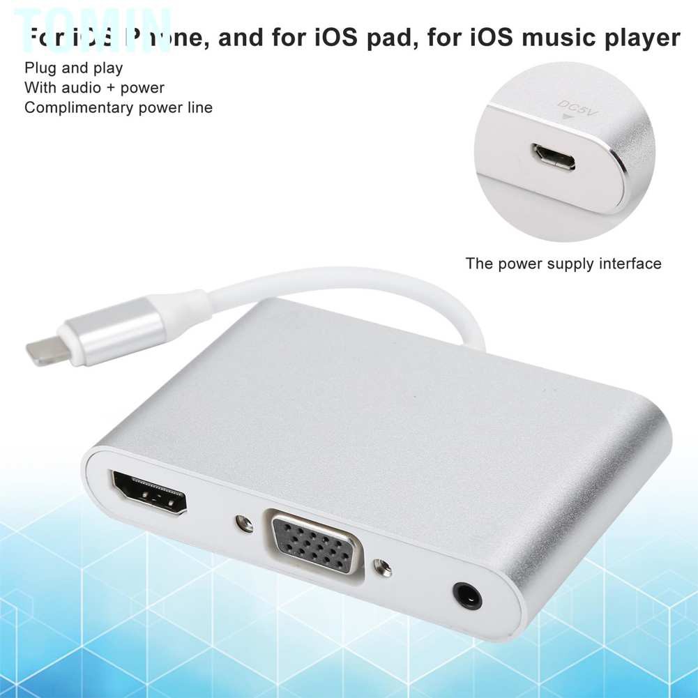 Tomin 1080P HDMI VGA Hub 3 in 1 3.5mm Audio Adapter Silver Converter Docking Station