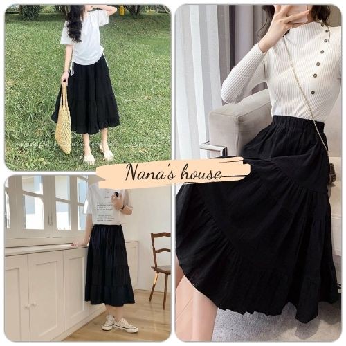 Chân Váy Đũi Nhăn Dáng Dài Nữ 🎁 Nana's House - FREESHIP 🎁 Đầm midi nhiều tầng dáng xòe đen trơn basic kiểu dáng tiểu thư