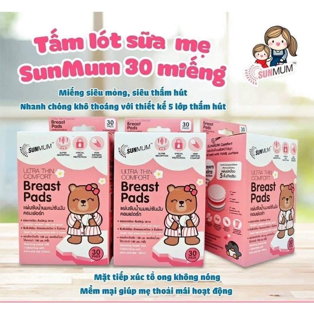 Miếng Lót Thấm Sữa Tiện Lợi Sunmum Thái Lan - Thấm Lót Sữa Cho Mẹ [Hộp 30 Miếng]