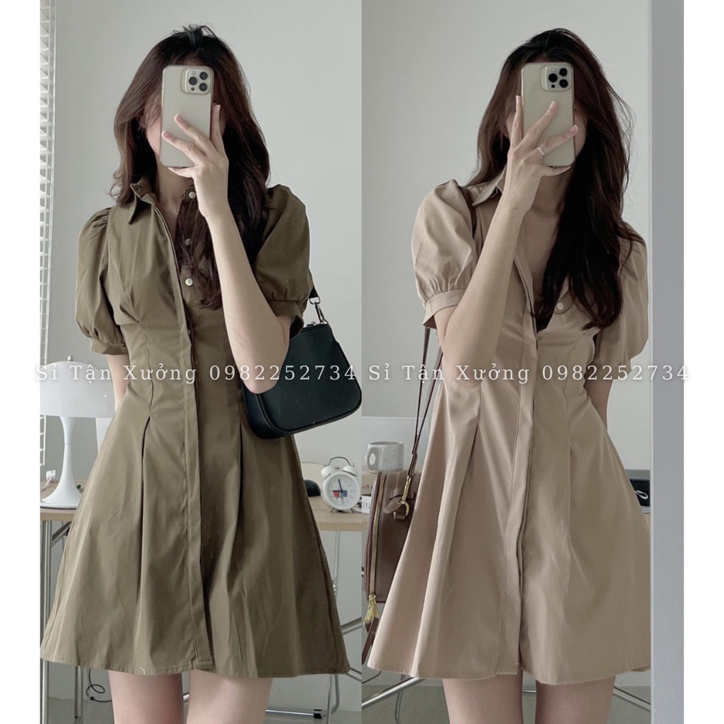Váy sơ mi dáng suông tay bồng dáng dài chất thô mềm siêu đẹp váy sơ mi tay bồng 5918
