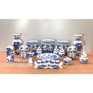 Set đồ thờ rồng men lam gốm sứ Bát Tràng