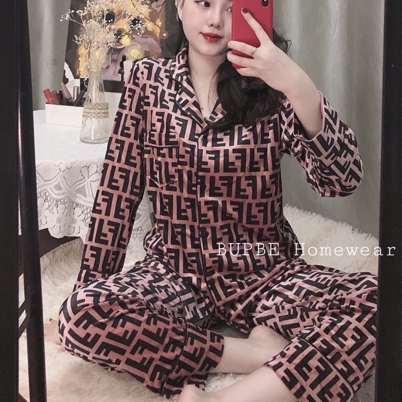 Đồ bộ thu đông nữ,Đồ bộ nhung nhật họa tiết chữ F SOMNIA, pyjama,  bộ mặc nhà dài tay, đồ ngủ bigsize