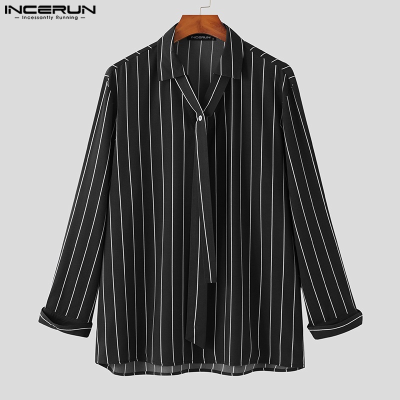 Áo sơ mi INCERUN tay dài cổ V kẻ sọc dọc kiểu cổ điển cho nam