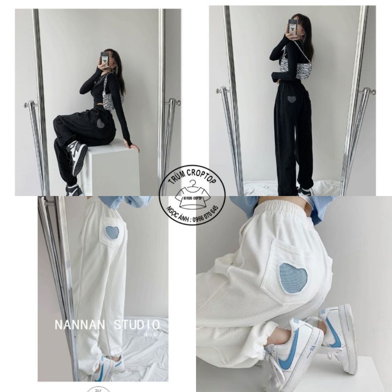 Quần Jogger Nữ Tim Thêu Form Unisex , Quần Ống Rộng Bo Chun