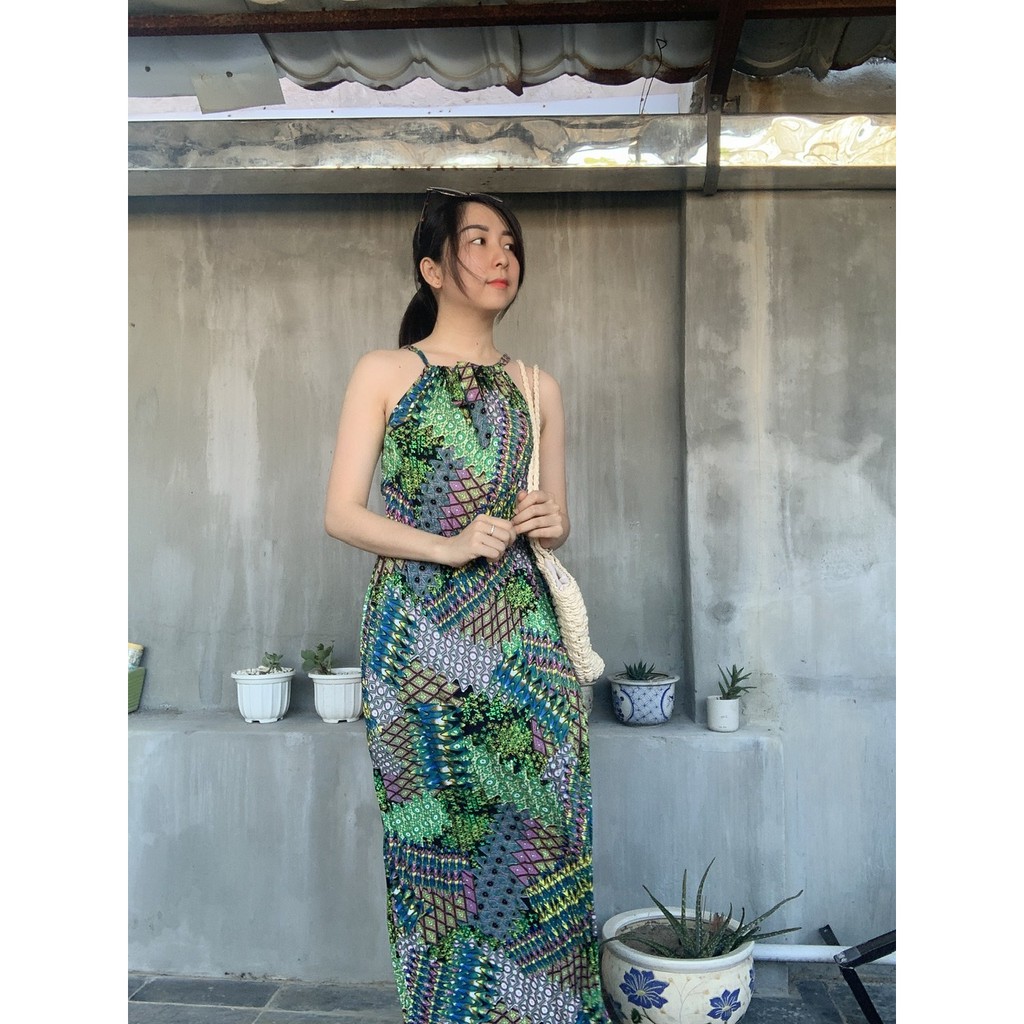Đầm yếm Maxi lanh lụa, có dây rút điều chỉnh quai vai, chun eo -ảnh thật [freesize 45-75kg]