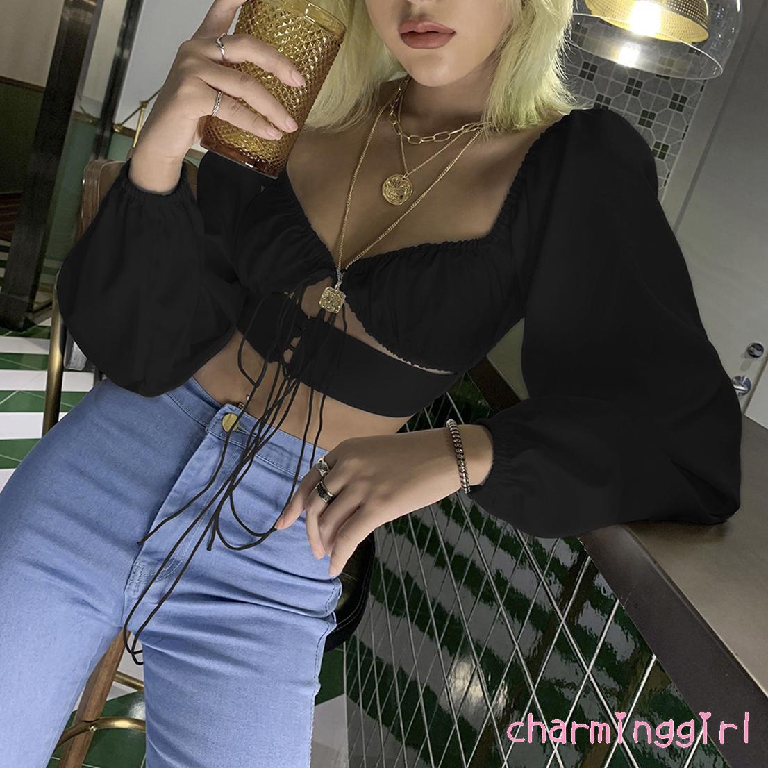 Áo crop top hở eo tay phồng buộc dây thời trang cho bạn gái | BigBuy360 - bigbuy360.vn