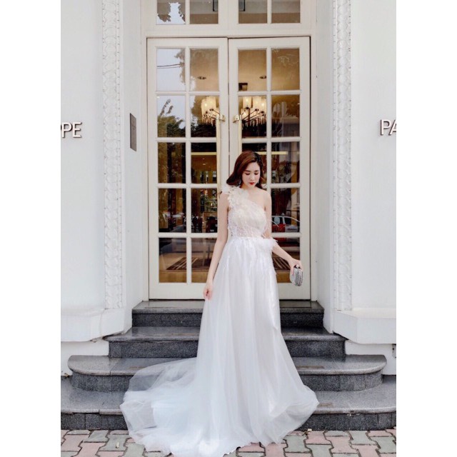 Đầm maxi dạ hội mặc cưới lệch vai kết cườm phối lông vũ siêu xinh - Size M/L (có ảnh/video thật) MS199V