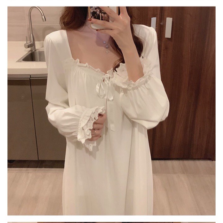 Váy ngủ dài tay mùa xuân, thu | Đầm ngủ mùa đông tay dài phối ren công chúa Hàn Quốc ngọt ngào cao cấp