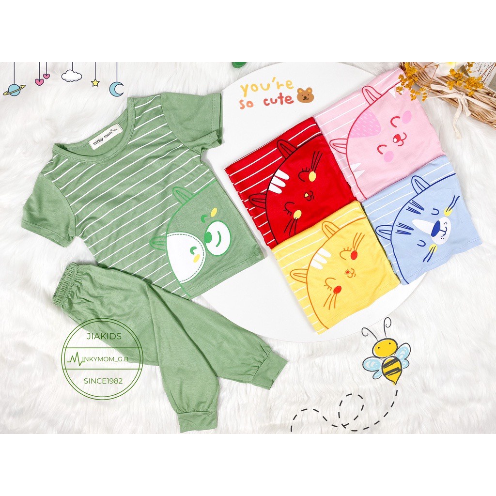 Bộ Ngắn Tay Quần Dài THUN LẠNH MINKY In Hình Mặt mèo dễ thương Cho Bé 8 - 20kg