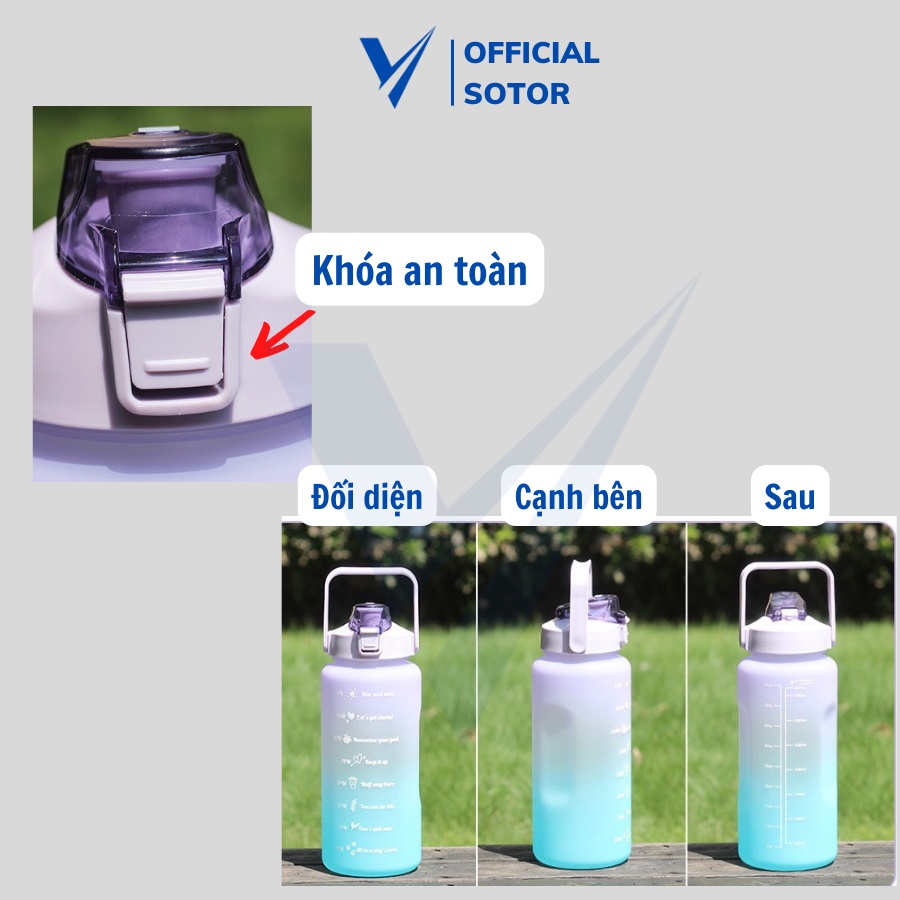 Bình nước 2 lít chia vạch nhắc thời gian uống nước kèm sticker cute