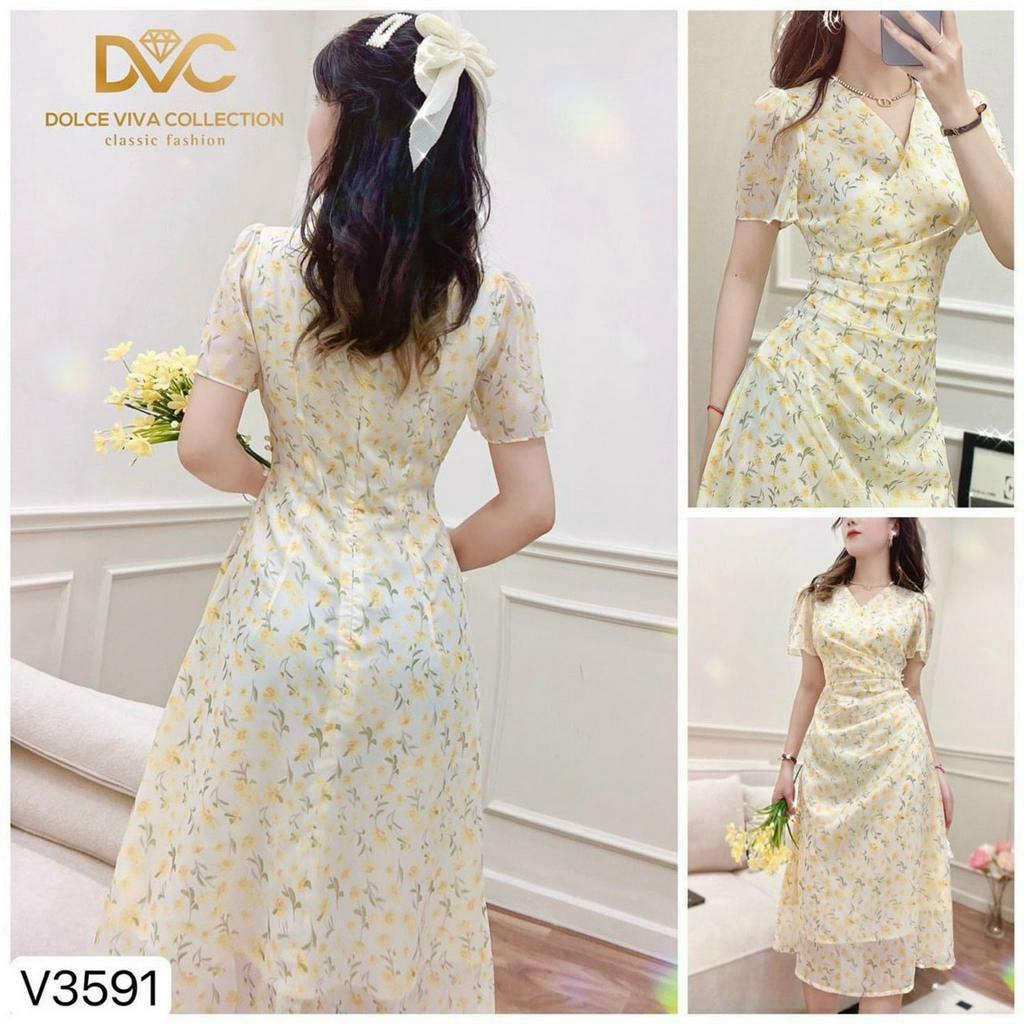 Váy đầm voan hoa tay ngắn cổ V đắp chéo thiết kế xếp ly eo đính cườm khá xinh