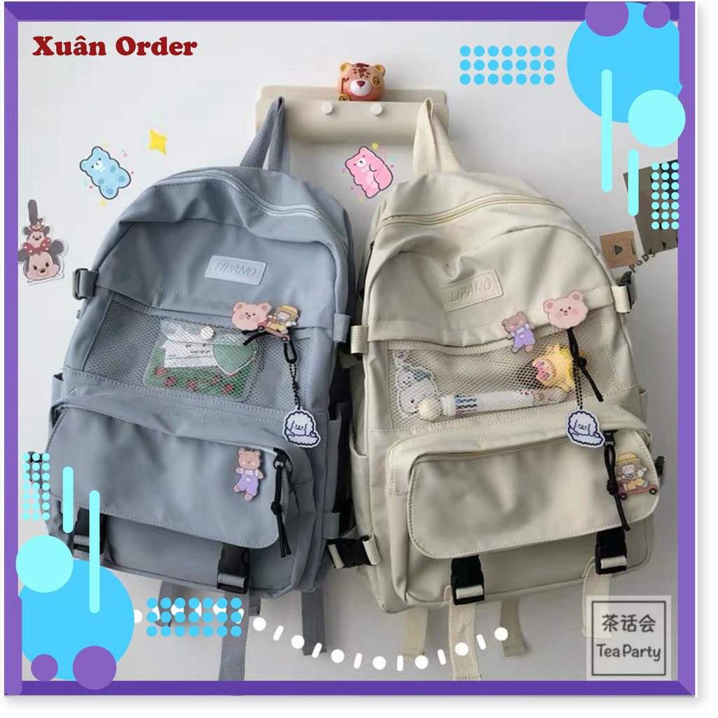 Đồng giá 100k toàn shop - (Sẵn xanh, mèo đội nón lá) Balo Ulzzang Nhiều Ngăn, Dây Thắt Và Kèm Nhiều Huy Hiệu Cute