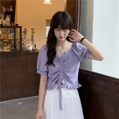 Áo croptop BH tay phồng ngắn cổ chữ V thời trang hè cho nữ