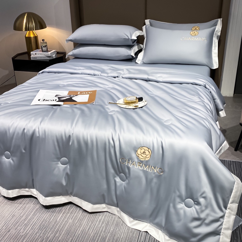 BỘ CHĂN DRAP GA RA GỐI NỆM LỤA THÁI THÊU CHỮ CHARMING