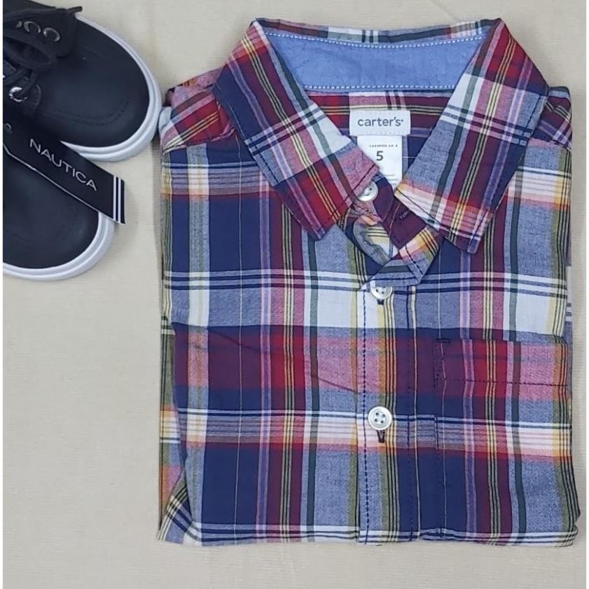 Áo sơ mi bé trai 5 tuổi tay dài sọc caro cotton hiệu Carter's size 5 hàng hiệu mỹ chính hãng