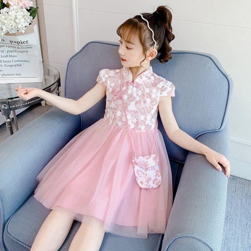 Đầm Sườn Xám Công Chúa Phối Lưới Thời Trang Mùa Hè Cho Bé Gái