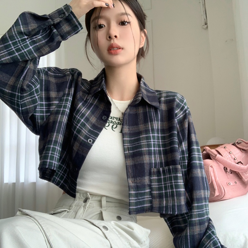 Áo sơ mi SUXI tay dài họa tiết sọc caro thời trang cho nữ