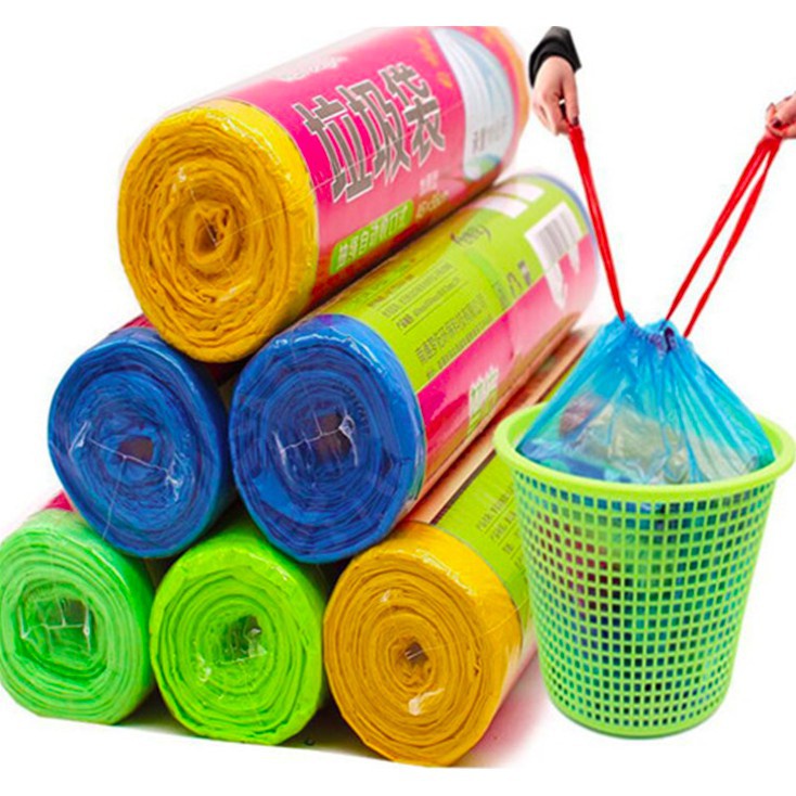 Túi bóng đựng rác tự phân hủy, phân loại rác mà xanh, vàng, đỏ có dây rút quai xách 45 x 50cm bảo vệ môi trường