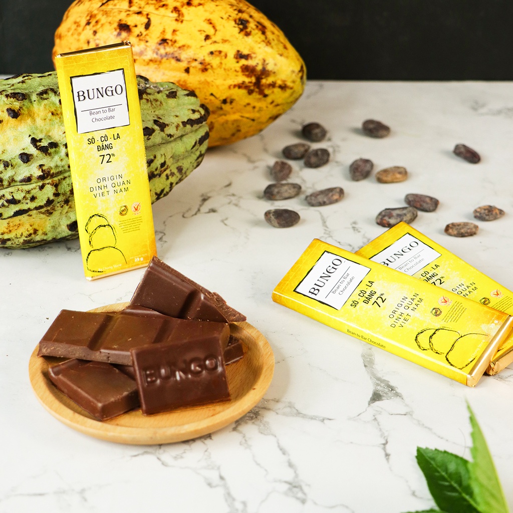 Socola Nguyên Chất Bungo 72% Cacao, Thanh 25g/100g - Thuần Bơ Cacao Tự Nhiên - Từ Hạt Cacao Trinitario Lên Men Thủ Công