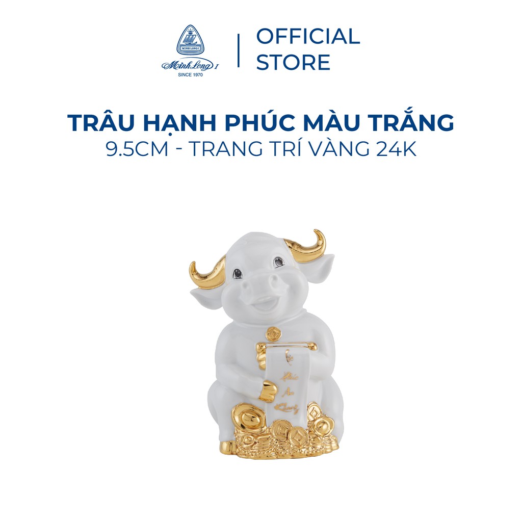 Trâu Hạnh Phúc 9.5cm Minh Long - Màu Trắng - Trang trí vàng 24k