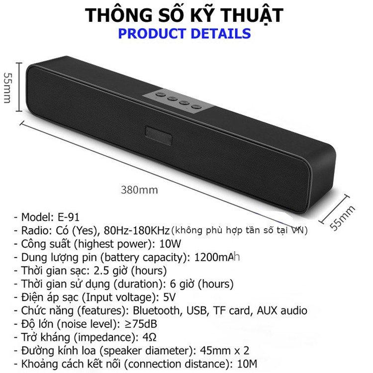 Loa Thanh Soundbar Bluetooth Gaming E91 Loa Nghe Nhạc Di Động Không Dây 10W Dùng Cho Máy Vi Tính PC - Laptop - Tivi