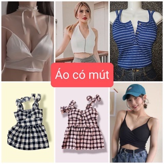 Nhiều mẫu pass thanh lý áo croptop set bộ dây xếp ly hoa nhí kẻ caro thắt nơ tay phồng có kèm sẵn mút đệm ngực tăng đơ
