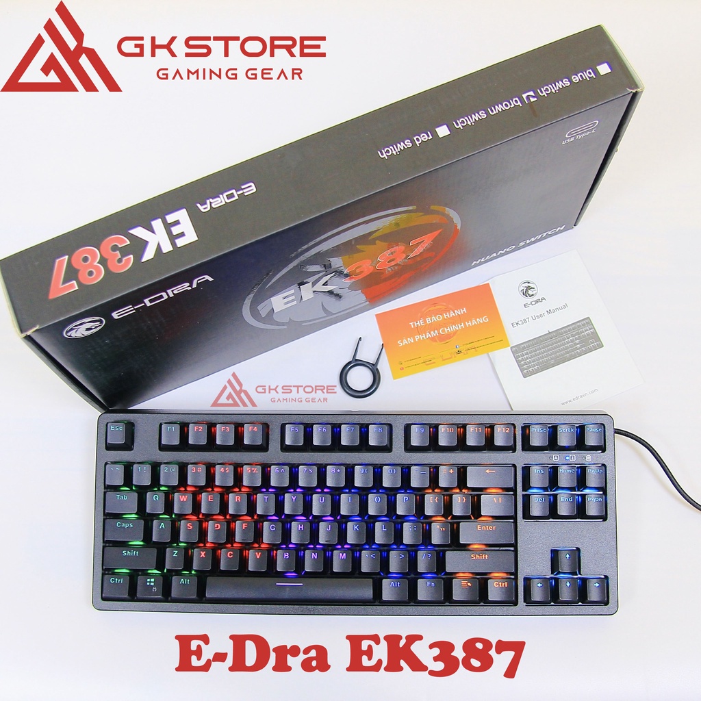 Bàn phím cơ E-Dra EK387 Rainbow/ RGB Huano switch cao cấp, gõ bền êm tay, gõ văn bản và chơi game cực tốt