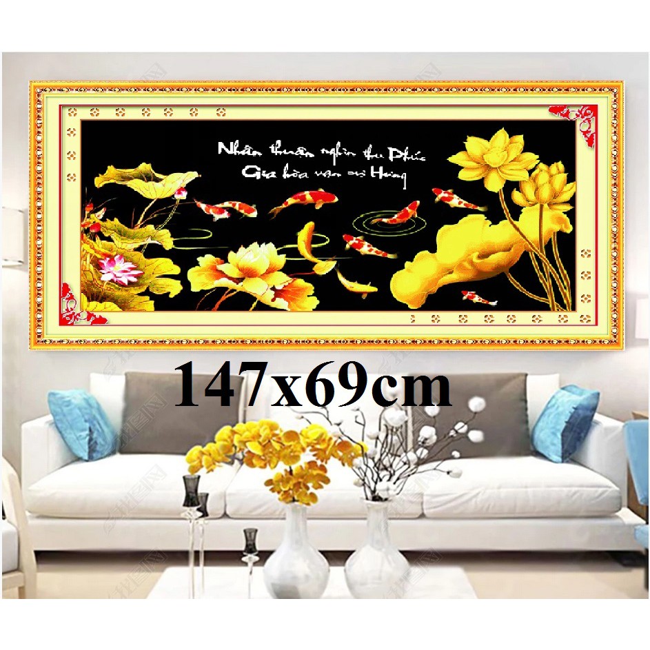 Tranh thêu chữ thập thanh lý cá chép cửu ngư quần hội MN0090 147x69cm