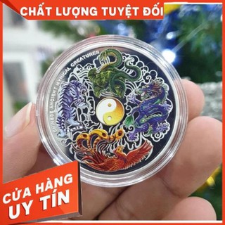 [GIÁ SỐC] ĐỒNG TIỀN XU TỨ LINH LONG LÂN QUY PHỤNG - tặng kèm túi gấm long phụng