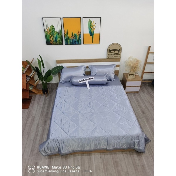 Bộ chăn ga và vỏ gối phi lụa cao cấp màu xám ánh xanh