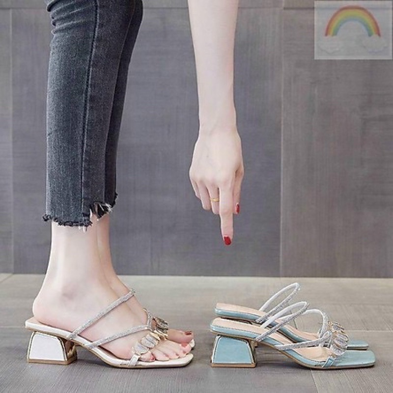 Giày gót mặt trăng da mờ cao 5cm kết hợp qua  xoàn sáng lấp lánh