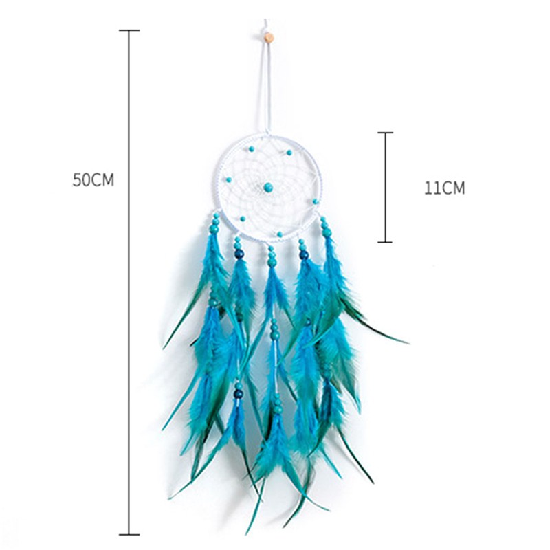 Dreamcatcher Đính Lông Vũ Màu Xanh Dương Có Đèn Led Trang Trí Phòng Ngủ Diy