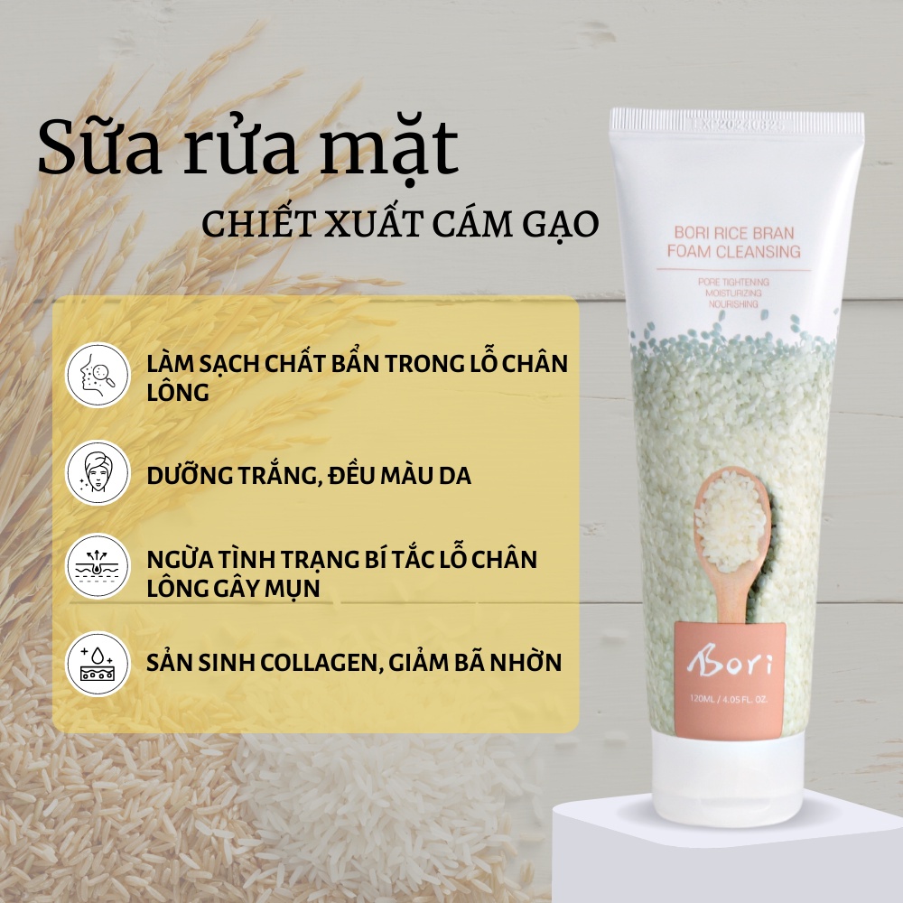Sữa rửa mặt chiết xuất cám gạo dưỡng trắng, thu nhỏ lỗ chân lông - Bori Rice Bran Foam Cleansing 120ml