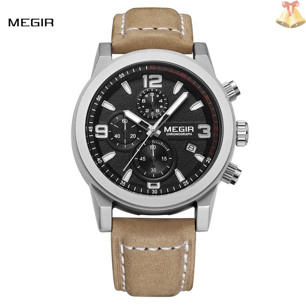 ONE MEGIR Classic Well Made Soft Genuine Leather Analog Quartz Wristwatch 3ATM Water Resistant Man Watch with Sub-dial