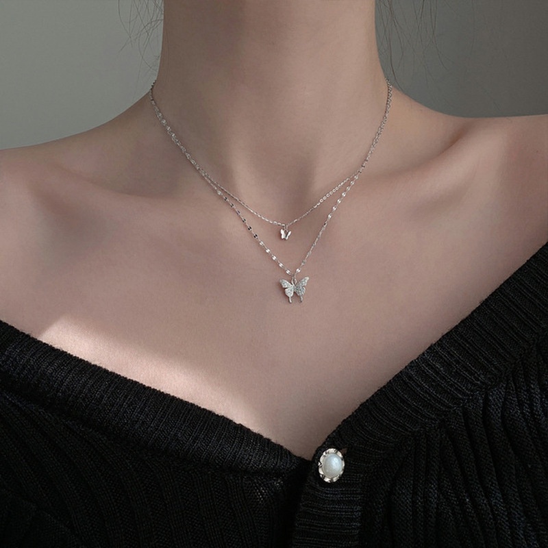 Vòng cổ mạ bạc We Flower hai lớp mặt hình bướm đính đá pha lê tua rua xinh xắn cho nữ