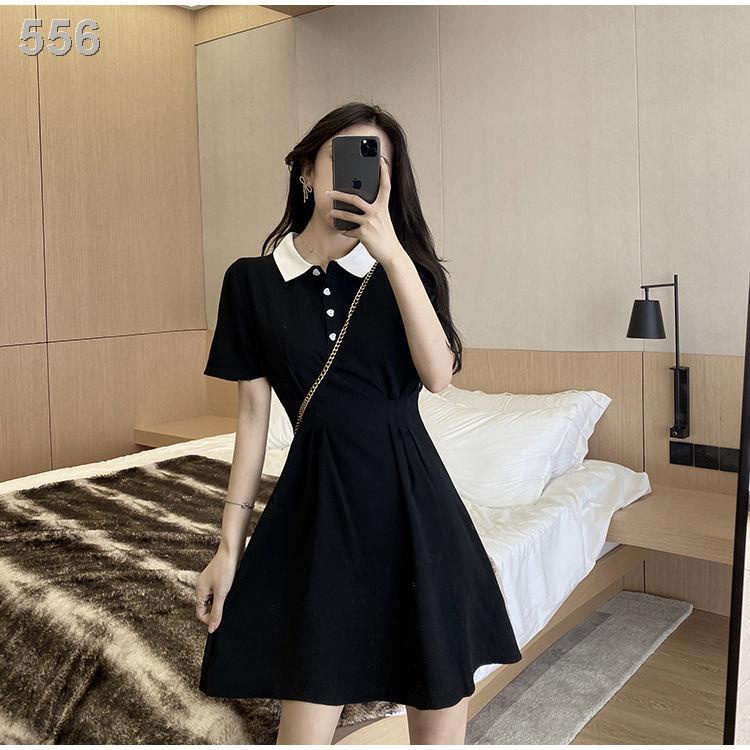 2022 phong cách preppy mới ngọt ngào ve áo tương phản chiếc váy đen dành cho người đàn ông nhỏ eo và một đườ